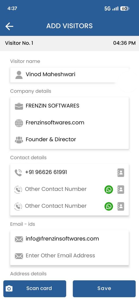VisitorBook form with OCR-filled visitor details