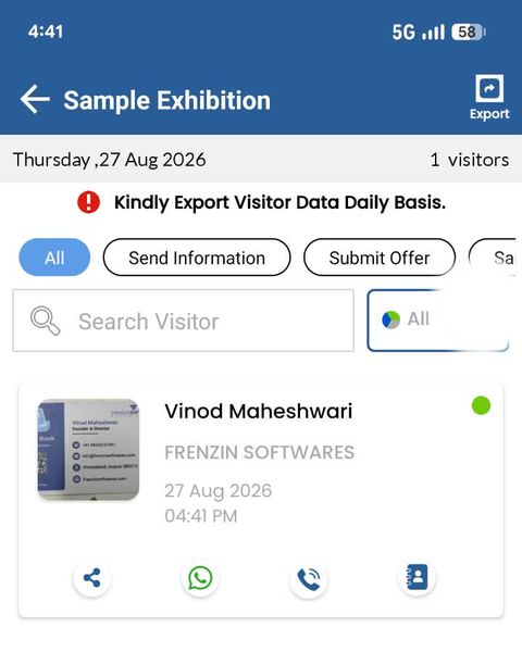 Saved visitor with WhatsApp, call and export actions
